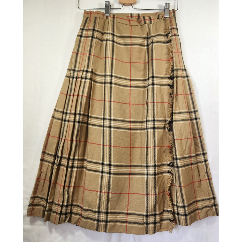 Vintage Highland Queen Camel Wool Kilt Skirt Tan Plaid Pleated Fringe Midi sm/mβ